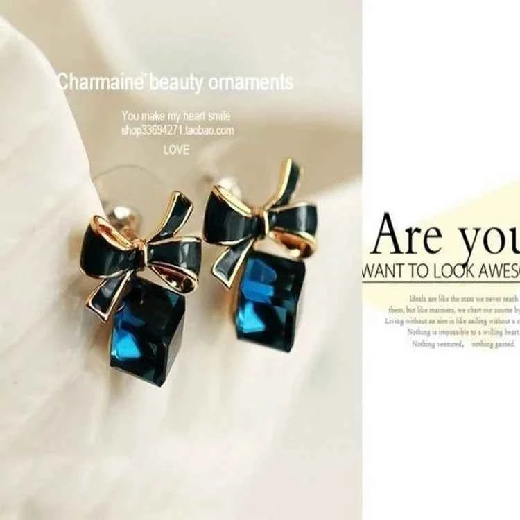 Austria Exquisite Crystal Blue Water Cube Box Cube Stone Bow Couple Earrings Jewelry Wholesale Earrings For Women Oorbellen