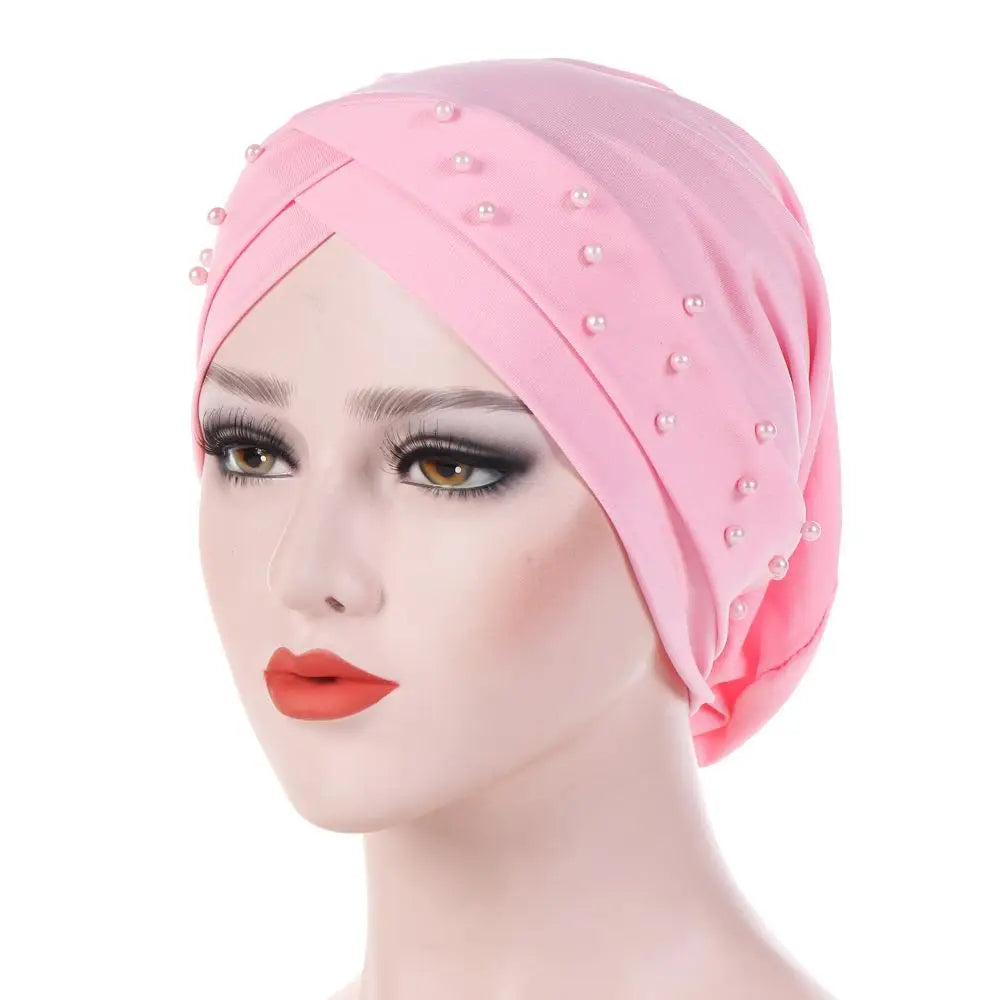 1PC New Women Elastic Turban Hat Muslim Hijab Islamic Beads Cancer Chemo Cap Ladies Hijab Stretch Head Wrap Head Scarf Hair Loss - NamafadStore