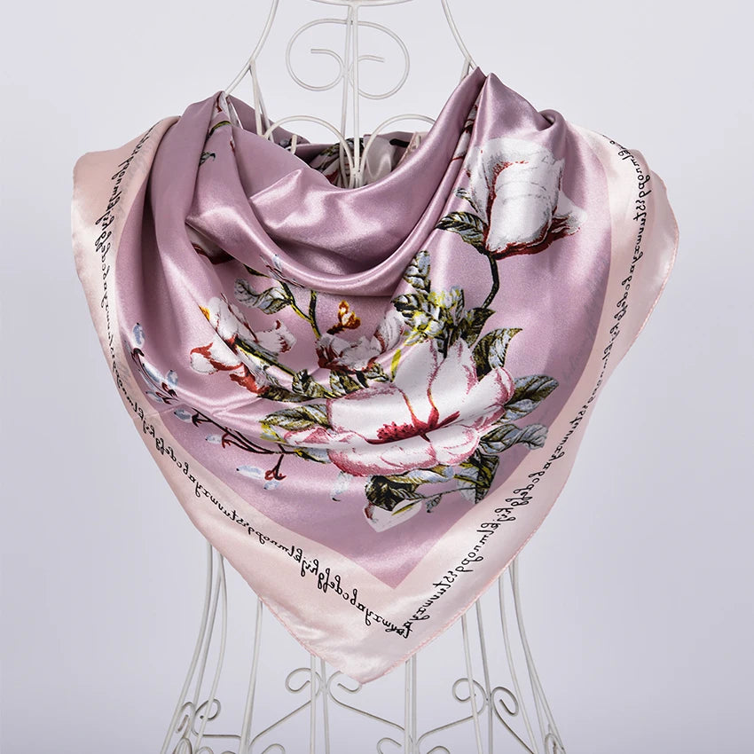 Spring And Autumn Female Satin Scarf,Big Square Scarves Hijabs Printed,Women Scarf,Purple Polyester Silk Scarf Shawl 90*90cm - NamafadStore