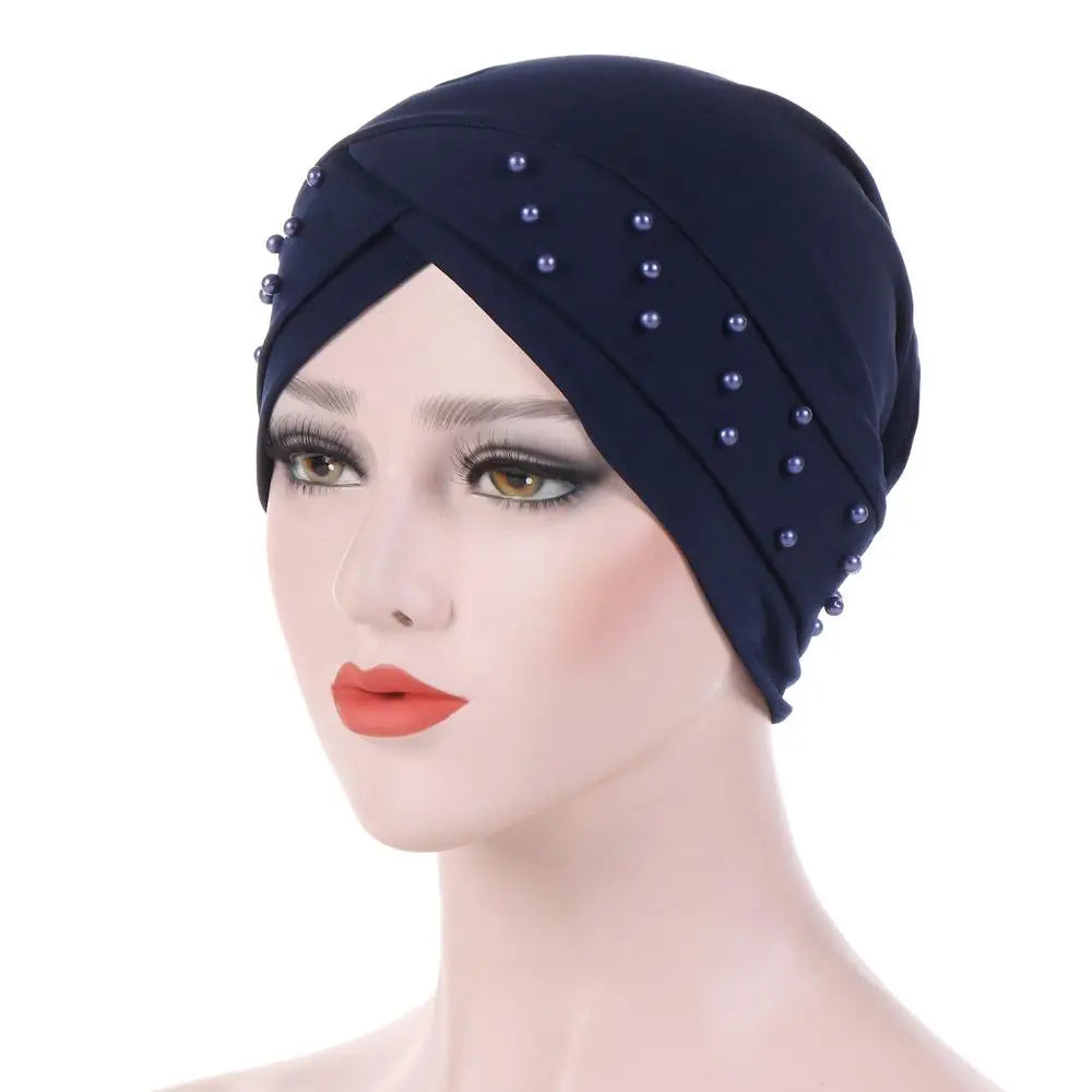 1PC Women Turban Hat Elastic Hijab with Beads Cancer Chemo Cap Head Wrap for Hair Loss