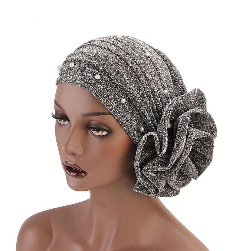 Summer Beading Flower Women's Turban Caps Stretchy Female Headwrap Bonnet Cancer Headwear Muslim Turban Hijabs Islamic Headscarf - NamafadStore