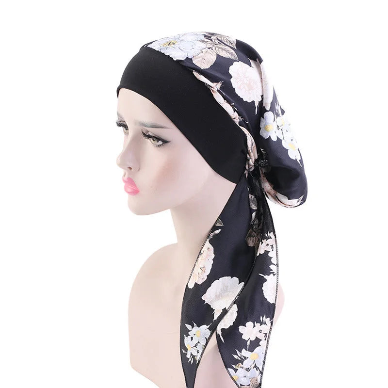 Muslim Women Headwear Turbans Silky Head Scarf With Wide Band Printed Sleeping Hat Hijab Bonnet Hair Cover Ready To Wear - NamafadStore