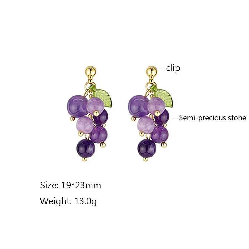 Korean Purple Grape Earrings Retro Fresh Summer No Pierced Clip on Earrings for Woman Sweet Temperament Female Gift Jewelry