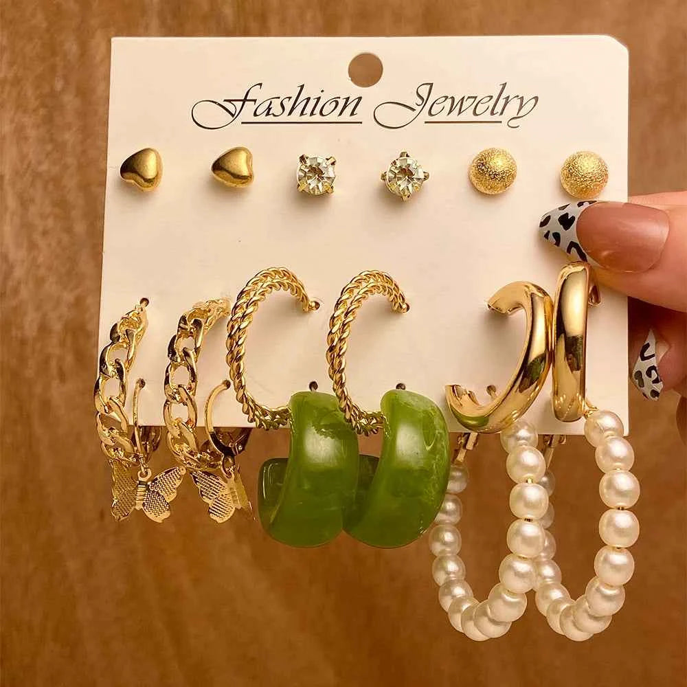 Punk Leopard Acrylic Resin Hoop Earrings Set for Women Trendy Gold Silver Color Butterfly Pearl Circle Earrings Gifts Jewelry