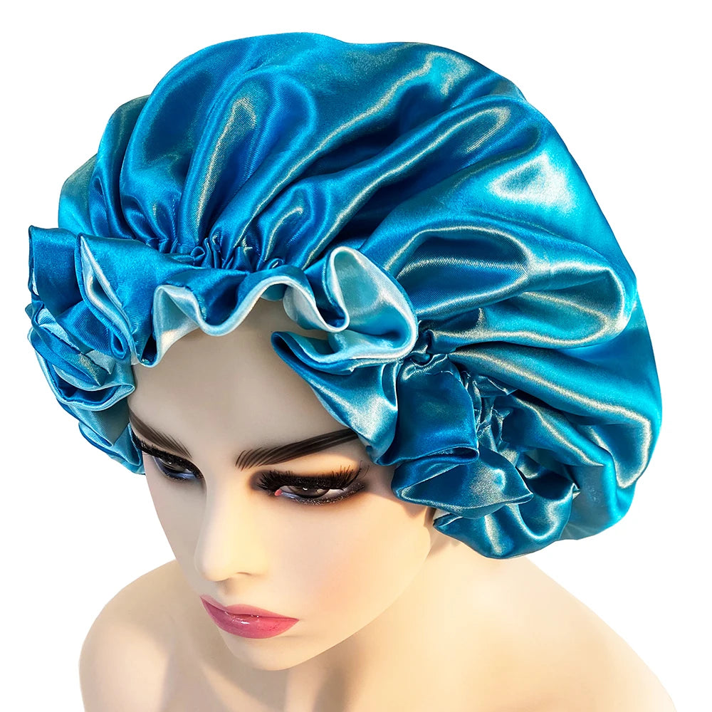 Women Satin Bonnet Fashion Double Layer Silky Big Bonnet for Lady Sleep Cap Head Wrap Hair Styling Accessories