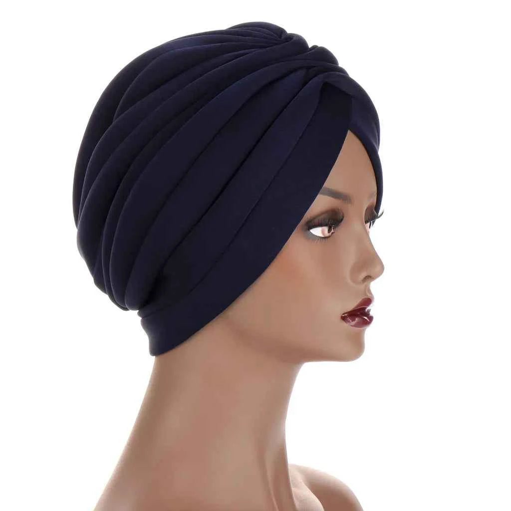 Scuba Fabric Twisted Turban Cap for Women Soild Color Pleated Muslim Headscarf Bonnet Female Headwrap Cap Under Scarf Caps