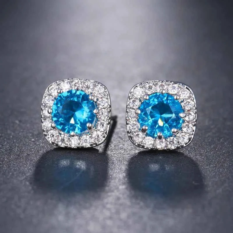 Ekopdee 2021 New Luxury Colourful Blue Zircon Stud Earrings For Women Fashion CZ Geometric Wedding Hoop Earrings Female Jewelry