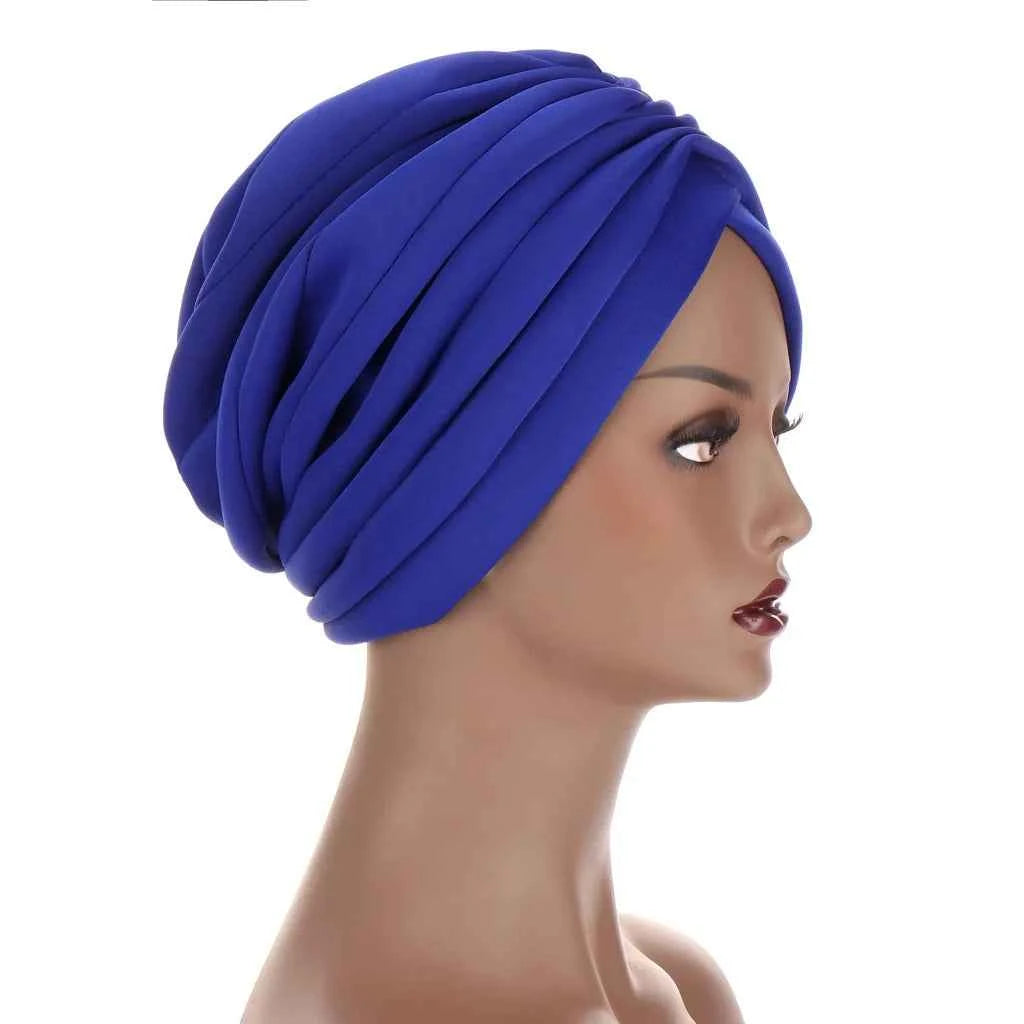Scuba Fabric Twisted Turban Cap for Women Soild Color Pleated Muslim Headscarf Bonnet Female Headwrap Cap Under Scarf Caps