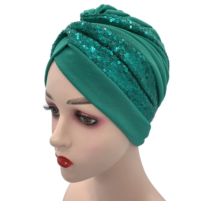 Summer Breathable Sequins Turban Cap Women's Head Wraps Muslim Headscarf Cap India Hat Ready Hijab Bonnet Turbante Mujer - NamafadStore