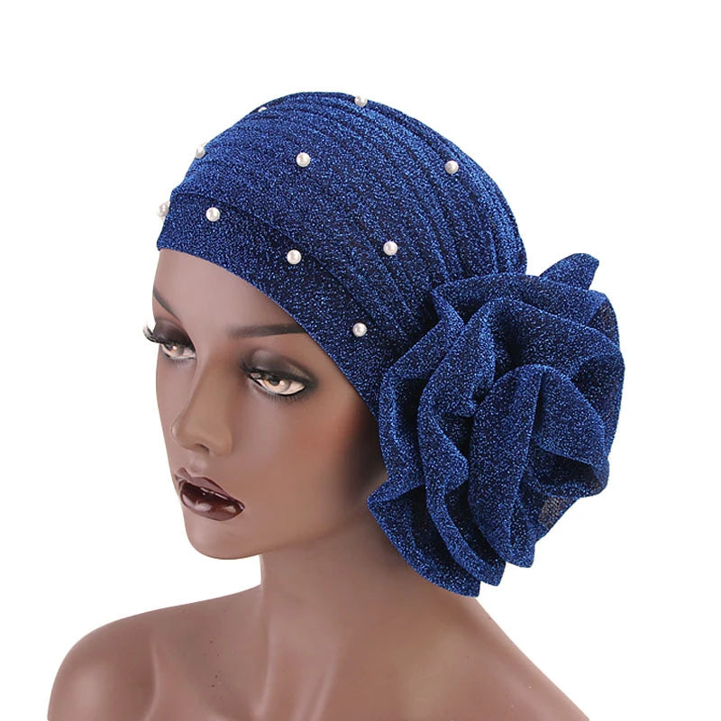 Summer Beading Flower Women's Turban Caps Stretchy Female Headwrap Bonnet Cancer Headwear Muslim Turban Hijabs Islamic Headscarf - NamafadStore
