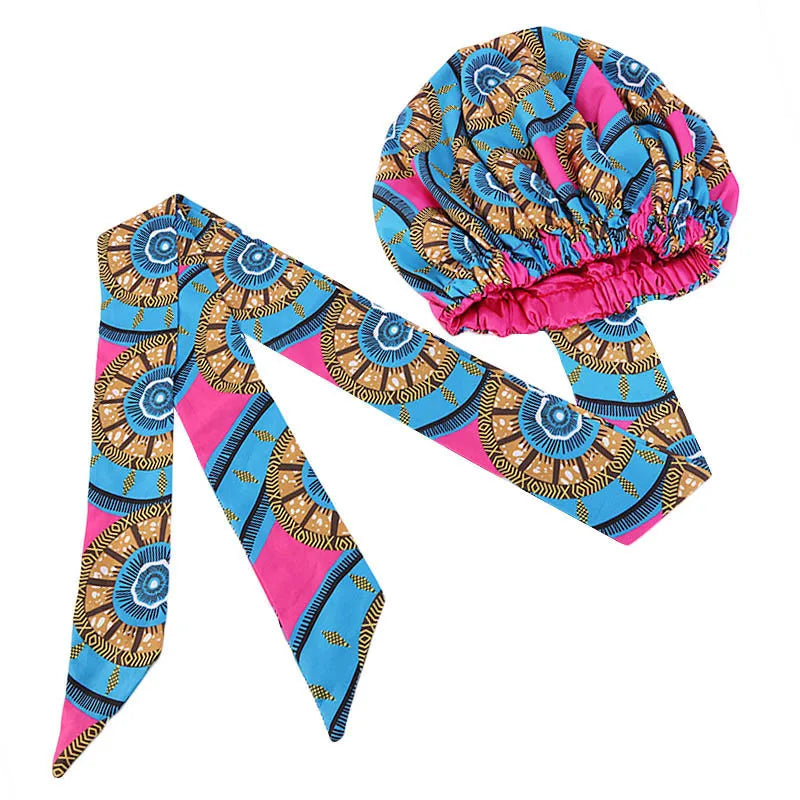 Satin Lining African Pattern Bonnet With Long Ribbon Women's Head Wrap Turban Cap Floral Print Ankara Hair Bonnet Hat - NamafadStore