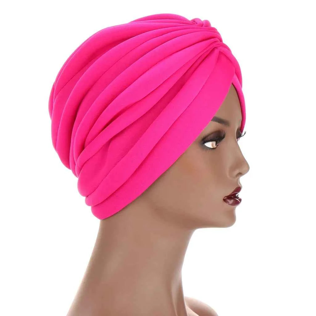 Scuba Fabric Twisted Turban Cap for Women Soild Color Pleated Muslim Headscarf Bonnet Female Headwrap Cap Under Scarf Caps