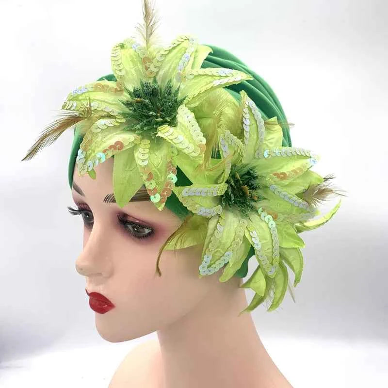 2024 New Feather Sequins Turban Caps for Women Wedding Party Headwear Hat African Headtie Muslim Headscarf Female Head Wraps