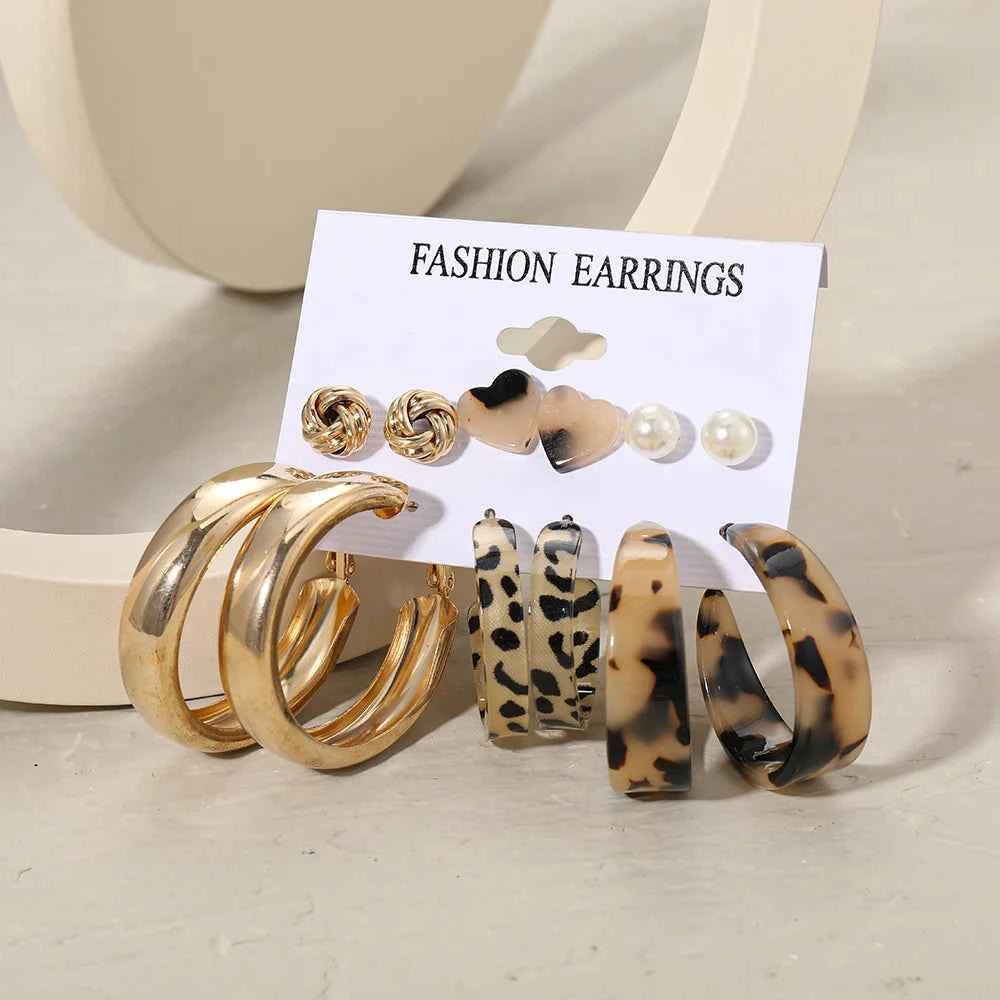 Punk Leopard Acrylic Resin Hoop Earrings Set for Women Trendy Gold Silver Color Butterfly Pearl Circle Earrings Gifts Jewelry