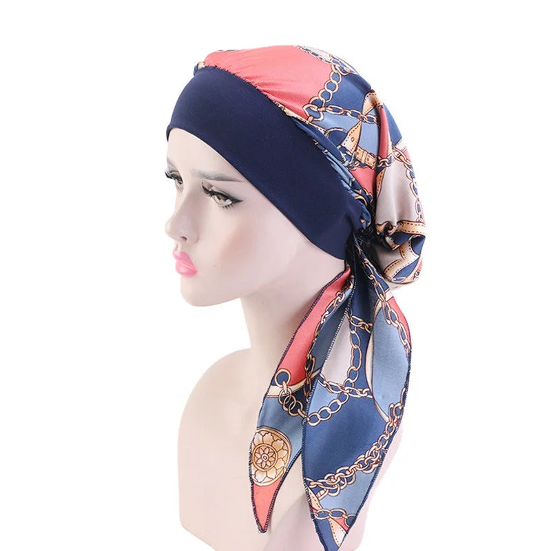 Muslim Women Headwear Turbans Silky Head Scarf With Wide Band Printed Sleeping Hat Hijab Bonnet Hair Cover Ready To Wear - NamafadStore