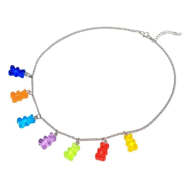 Colorful Resin Gummy Bear Pendant Necklace Cute Transparent Rainbow Candy Color Bear Chain Necklace Lovely Party Jewelry