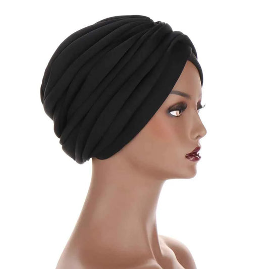 Scuba Fabric Twisted Turban Cap for Women Soild Color Pleated Muslim Headscarf Bonnet Female Headwrap Cap Under Scarf Caps