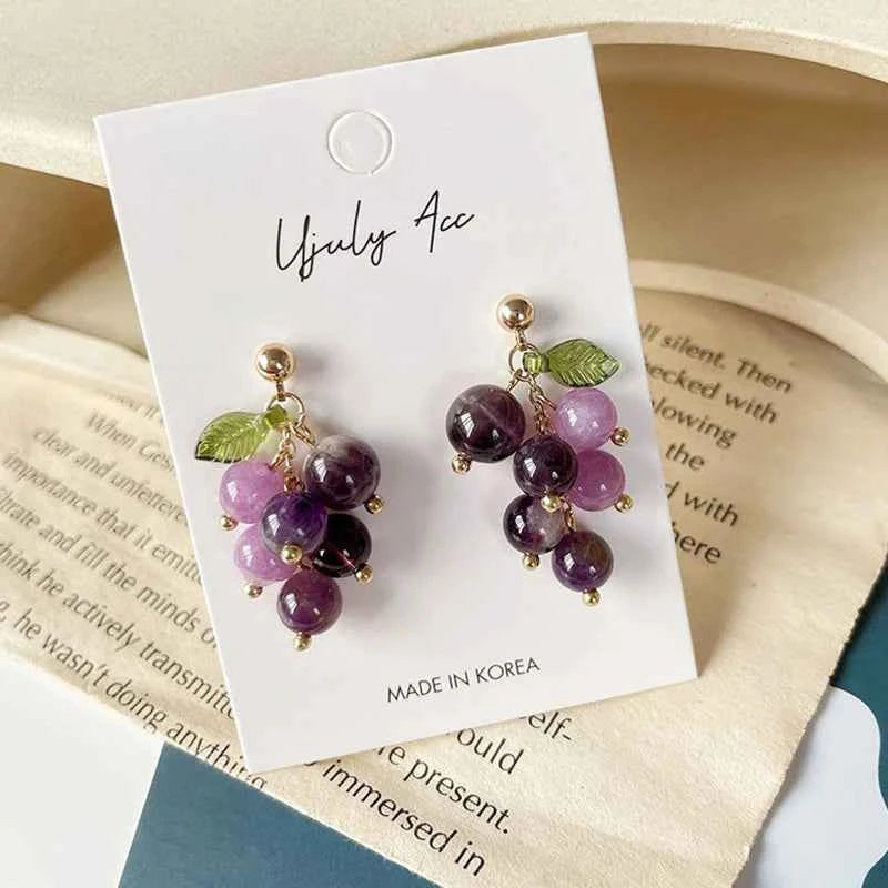Korean Purple Grape Earrings Retro Fresh Summer No Pierced Clip on Earrings for Woman Sweet Temperament Female Gift Jewelry