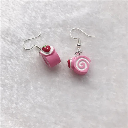 1Pair Drop Earrings Cute Donuts and Cake Cartoon Food pink color Handmade Flatback ResinEarrings Jewelry  For Woman And Girl