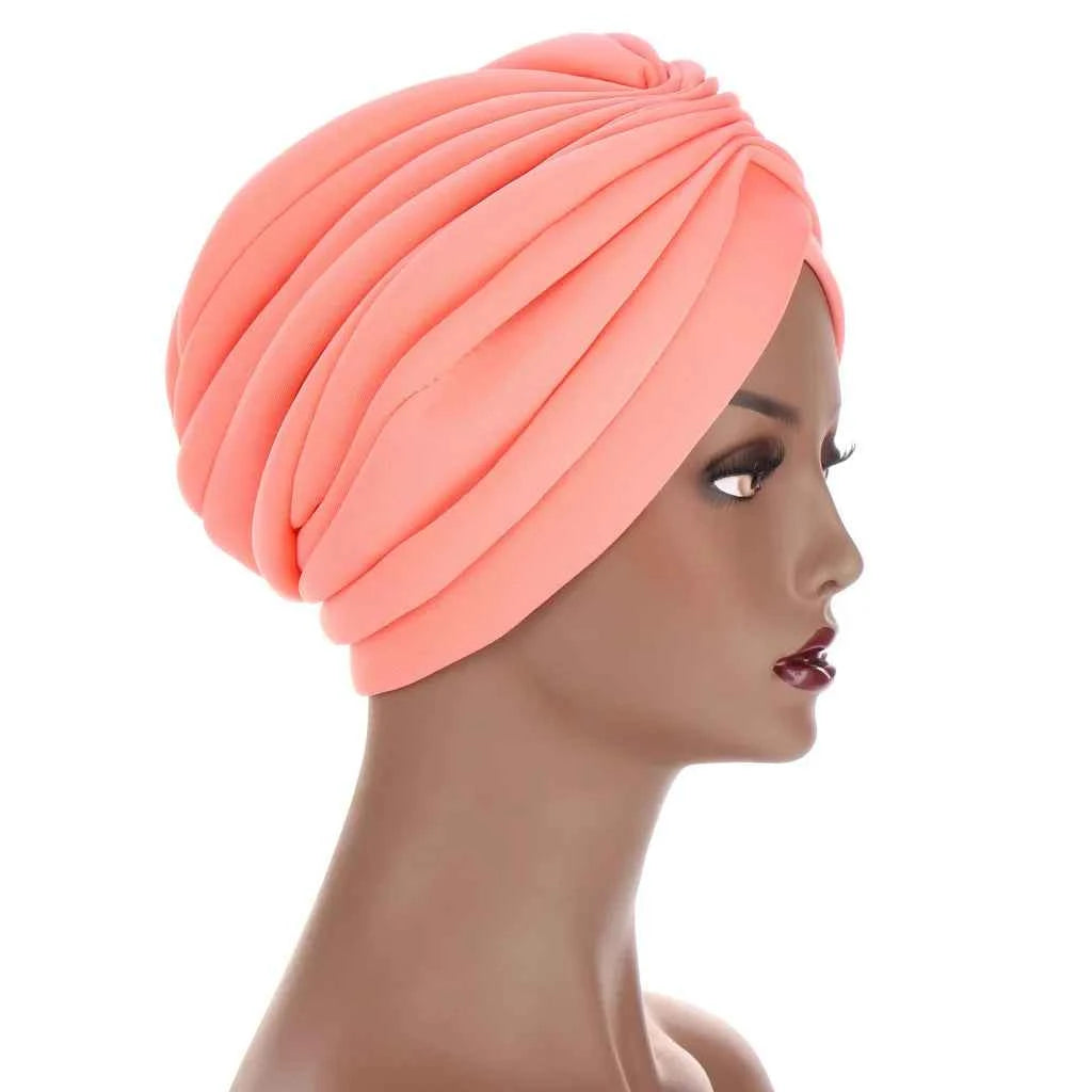 Scuba Fabric Twisted Turban Cap for Women Soild Color Pleated Muslim Headscarf Bonnet Female Headwrap Cap Under Scarf Caps