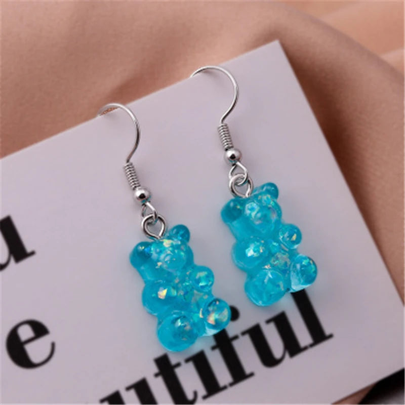 New Fashion Sequins Resin Gummy Big Bear Long Dangle Earrings Women Girl DIY Cartoon Animal Bear Earrings Creative Drop Jewelry