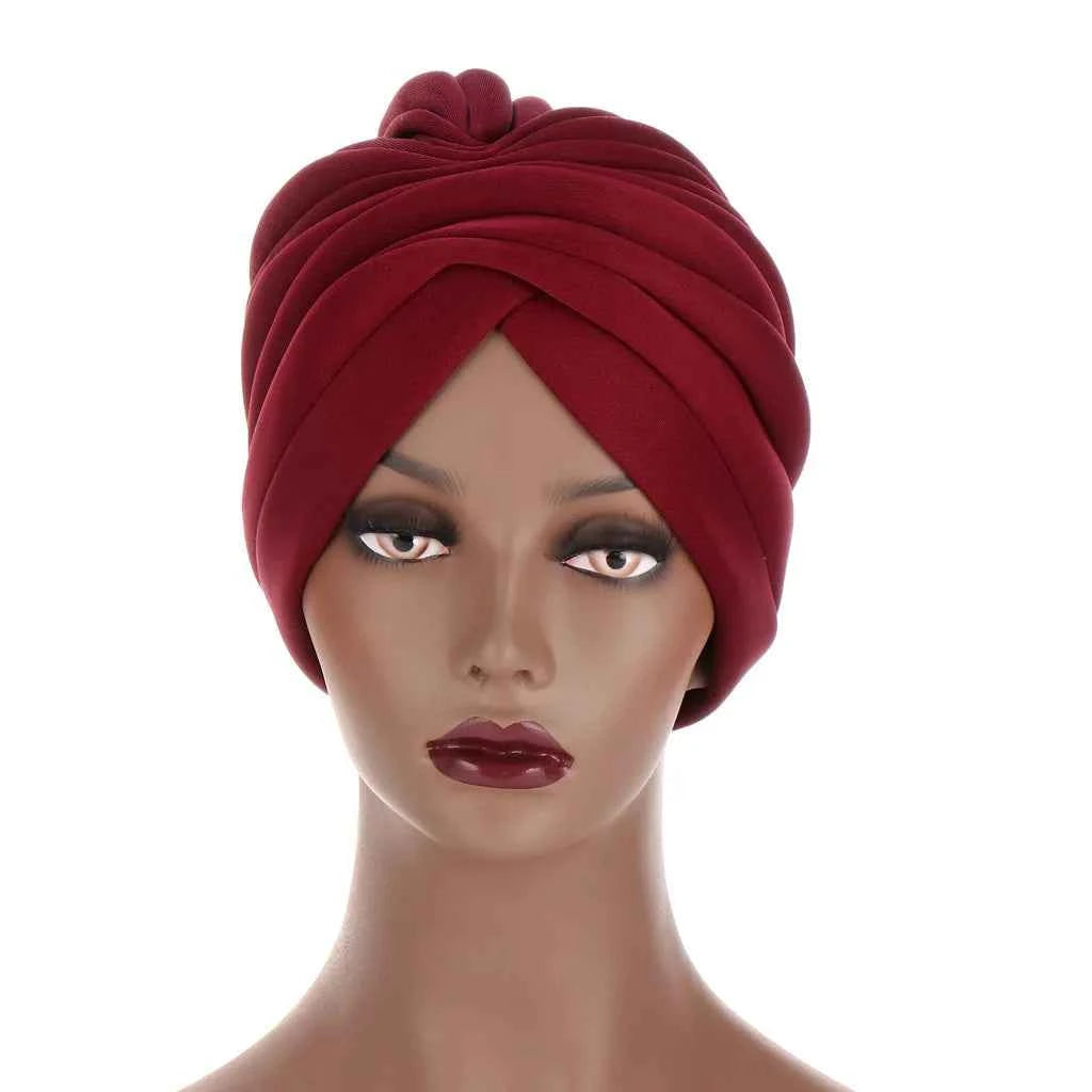 Scuba Fabric Twisted Turban Cap for Women Soild Color Pleated Muslim Headscarf Bonnet Female Headwrap Cap Under Scarf Caps