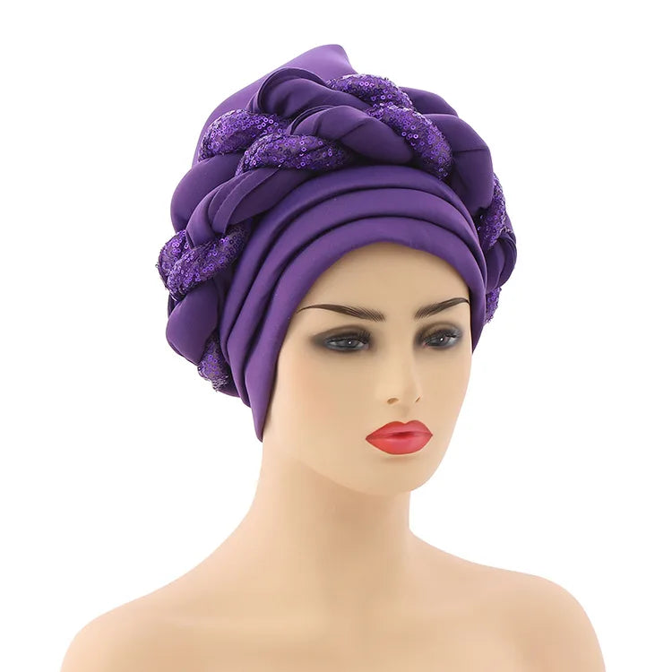 Women Braid Turbans Latest African Headtie Ladies Sequin Head Wraps African Aso Oke Winter Headtie Negerian Wedding Gele Caps - NamafadStore