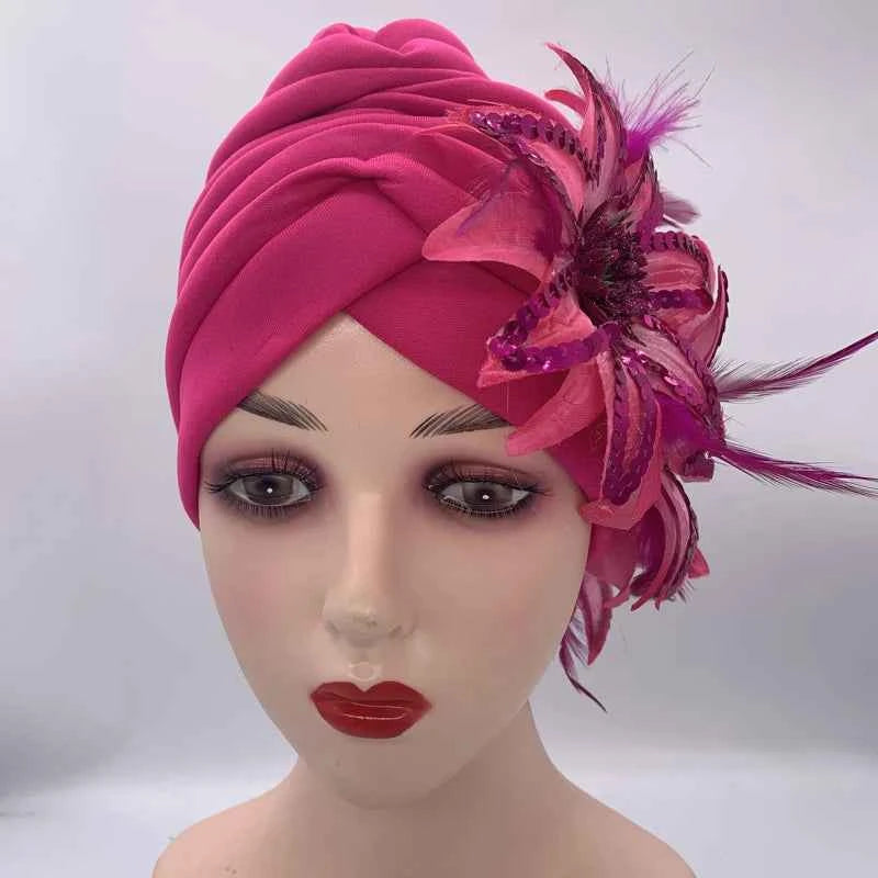 2024 New Feather Sequins Turban Caps for Women Wedding Party Headwear Hat African Headtie Muslim Headscarf Female Head Wraps