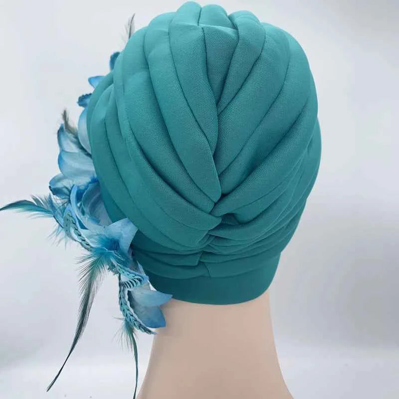 2024 New Feather Sequins Turban Caps for Women Wedding Party Headwear Hat African Headtie Muslim Headscarf Female Head Wraps