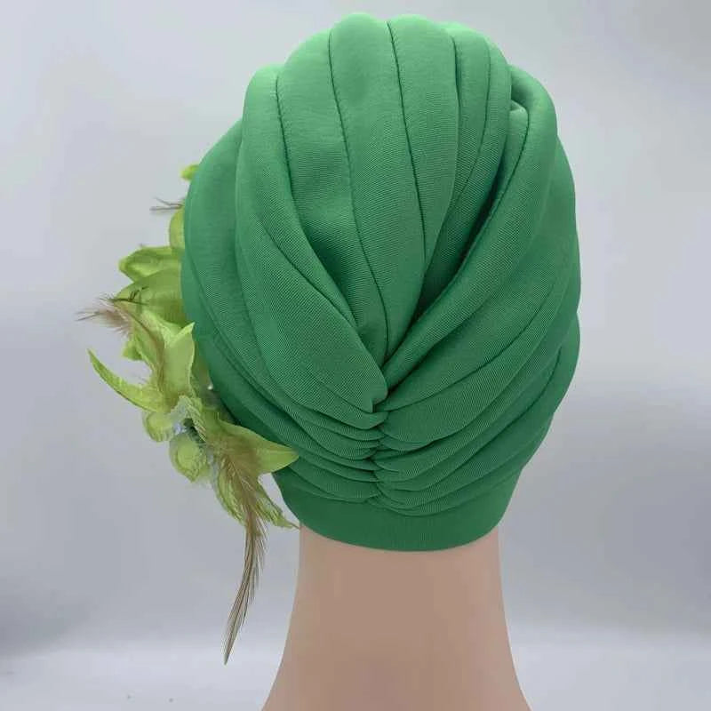 2024 New Feather Sequins Turban Caps for Women Wedding Party Headwear Hat African Headtie Muslim Headscarf Female Head Wraps