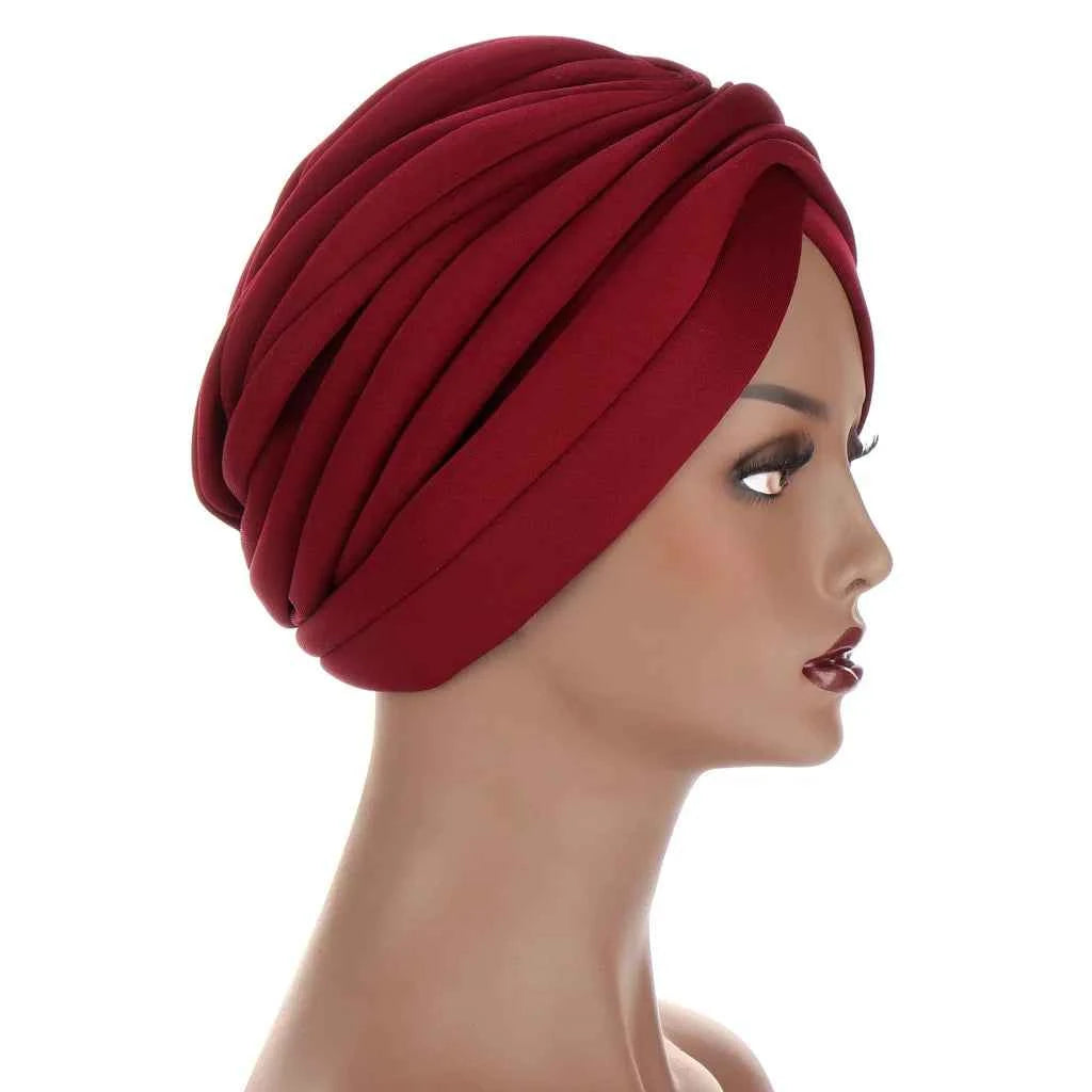 Scuba Fabric Twisted Turban Cap for Women Soild Color Pleated Muslim Headscarf Bonnet Female Headwrap Cap Under Scarf Caps