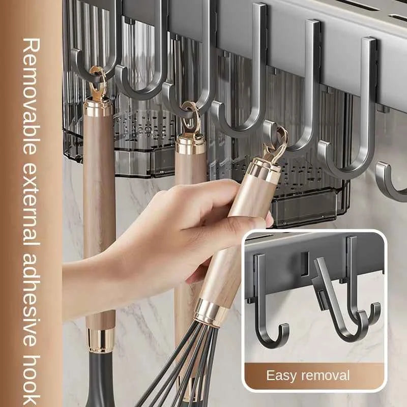 Wall-mounted knife rack for kitchen, multifunctional, no drilling required, knife and utensil holder, chopstick tube, integrated