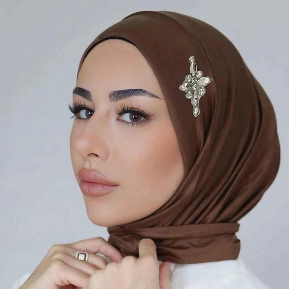 Ready to Wear Instant Hijab with Crystal Flower Full Cover Inner Instant Jersey Scarf With Tie Back Buttons Muslim