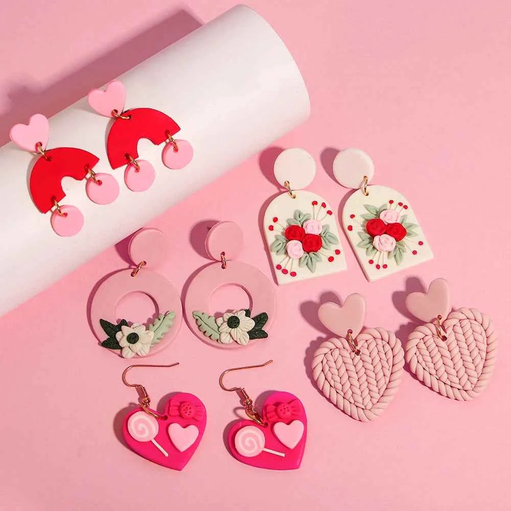 AENSOA Hollow Round Flower Earring For Women Polymer Clay Valentine's Day Girls Gift Heart Pattern Ear Accessories Jewelry INS