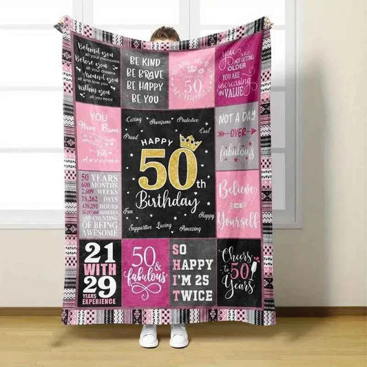 50th birthday throw blanket with colorful milestone collage typography and “Happy 50th”