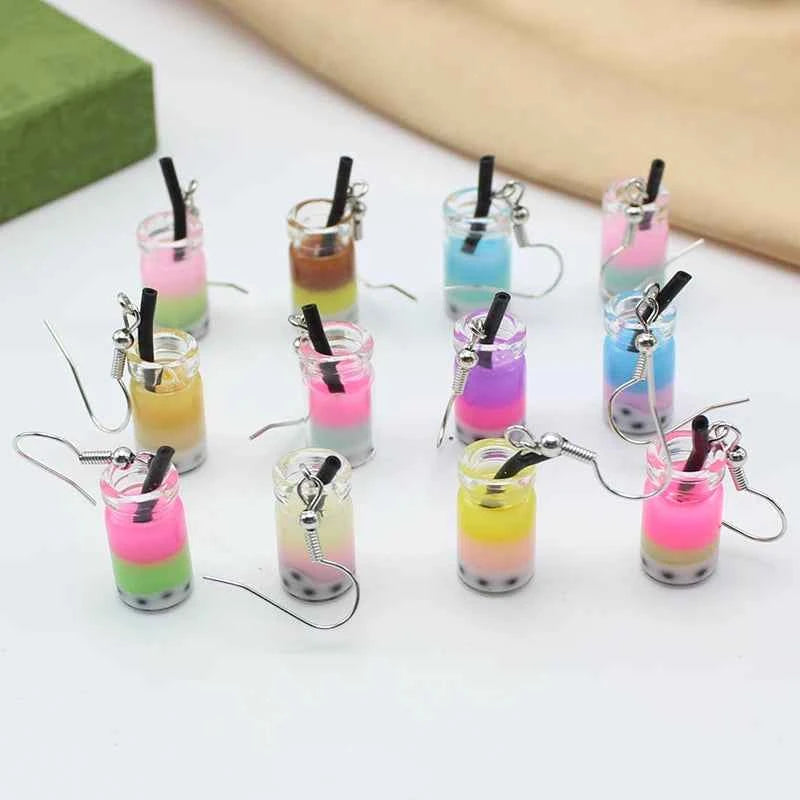 Trend Creative Funny Three Layers Colored Bubble Milky Tea Pendant Earrings for Women Personality Drink Ear Jewelry Girl Gift