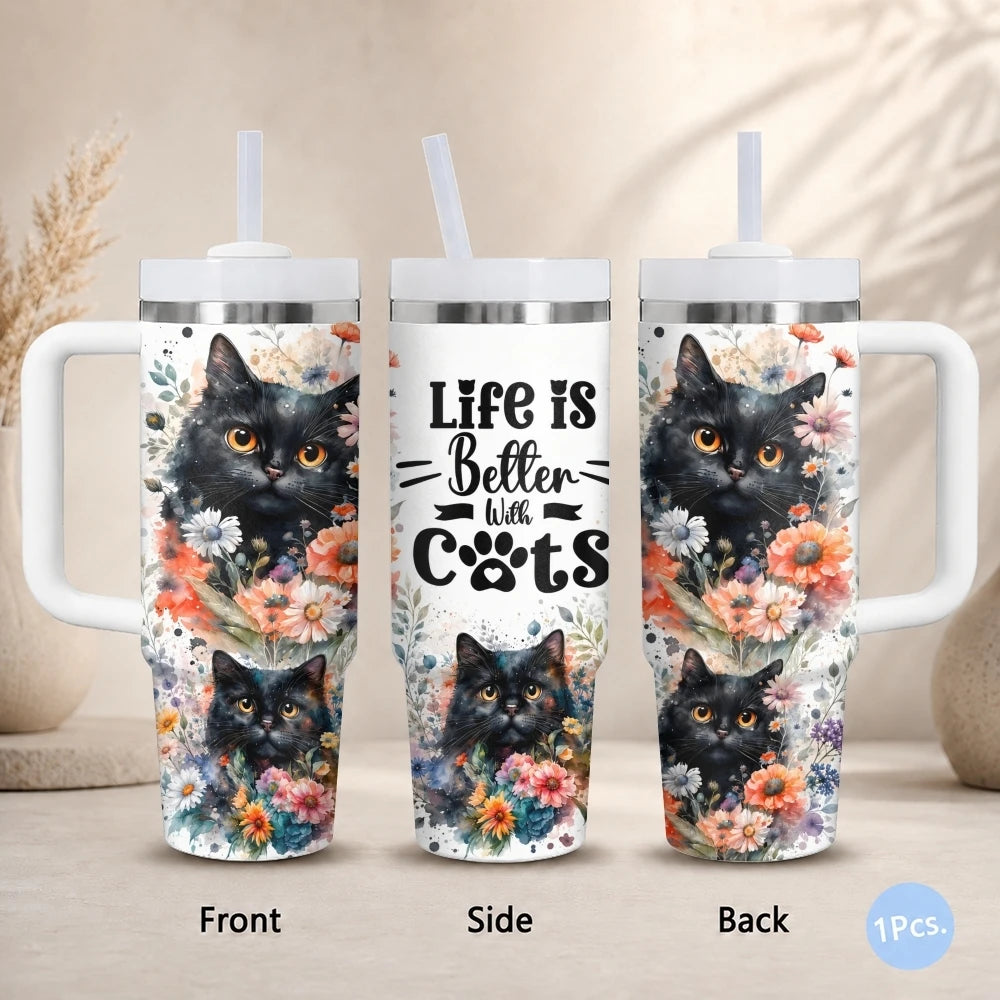 Cat & Floral 40oz Tumbler – Cute Stainless Steel Insulated Cup with Straw