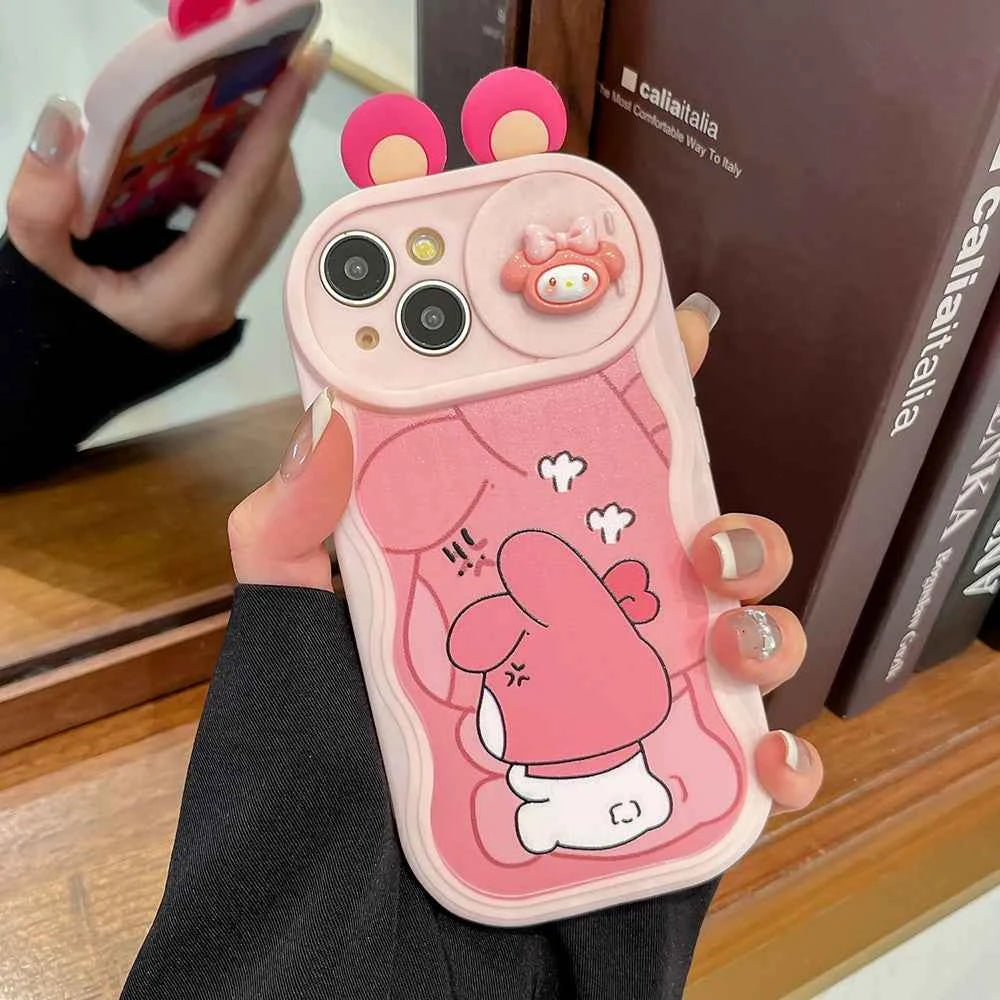3D Ears Toy Kitty Kuromi Melody Cartoon Sliding Camera Case for iPhone 16 Pro Max 11 12 13 Pro 14 Plus 15 XS XR Wave Phone Capa