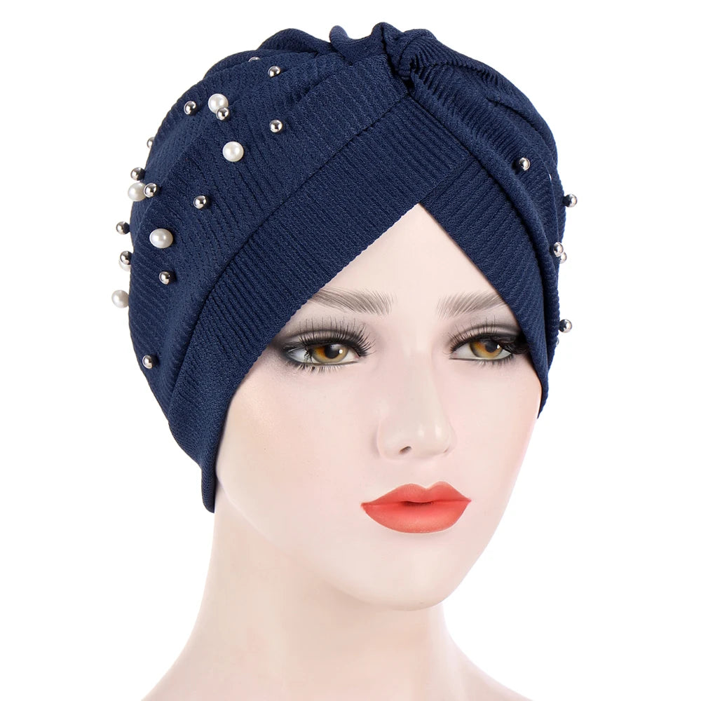 1PC New Women Elastic Turban Hat Muslim Hijab Islamic Beads Cancer Chemo Cap Ladies Hijab Stretch Head Wrap Head Scarf Hair Loss - NamafadStore