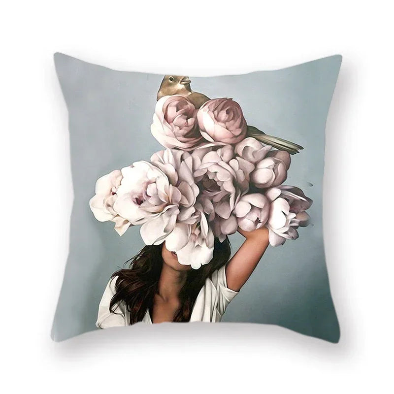 Woman Flower Head Decoration Double-sided Printed pillow cover Short plush Suitable living rooms bedrooms throw cushion cover