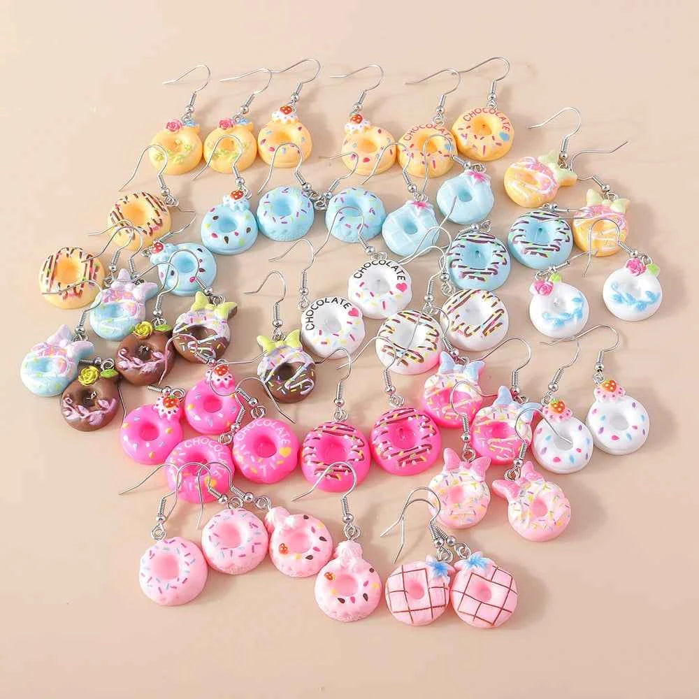 5pairs /Set Cute Sweet Donut Drop Earrings for Women Girls Simulation Food Dangle Earrings Kids Jewelry Gifts