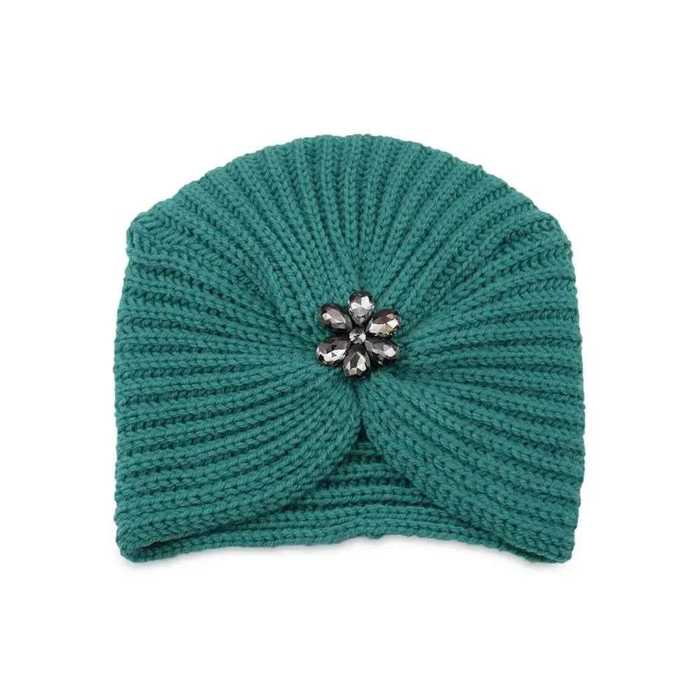 Fashion Winter Warm Hijab Caps Soft Thick Bohemia Turban Diamond Jewelry Wool Knitting Knitted Hats for Women