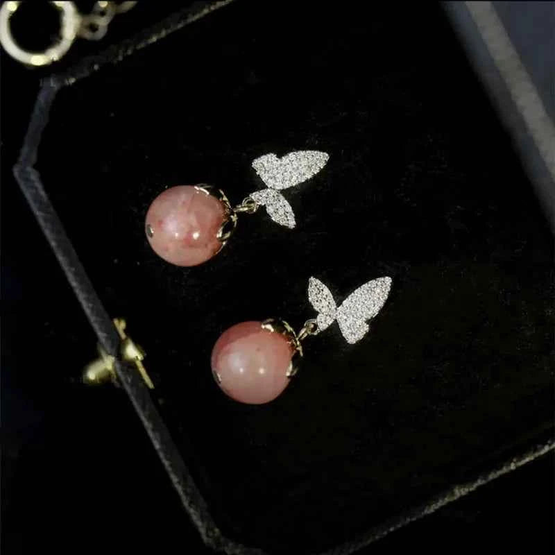 Korean Fashion Butterfly Earrings  Earrings for Women Pink Opal Dangle Earrings Valentines Day Anniversary Birthday Jewelry Gift