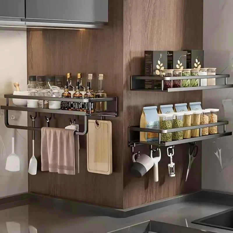 Aluminum Wall-Mounted Shelf Multifunctional Kitchen Spice Storage Rack Kitchen No Punching Required Kitchen Accessories