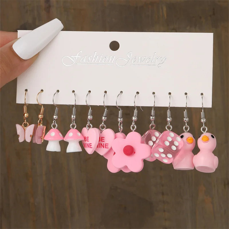 Colorful Butterfly Heart Cartoon Dangle Earrings Set For Women Girl Kids Cute Duck Clouds Resin Drop Earring Jewelry Accessories