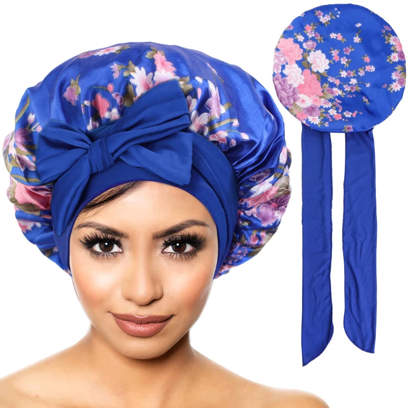 New Women Floral Satin Bonnet Printed Elegant Hair Bonnet with Tie Band Elastic Sleeping Night Cap Lightweight Shower Bath Cap - NamafadStore
