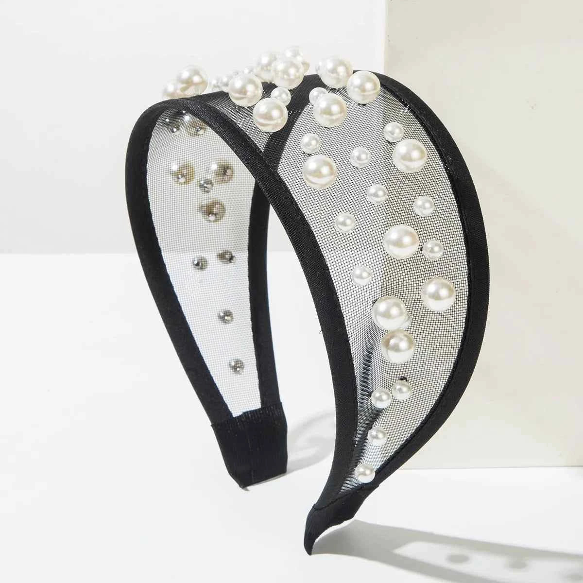 Pearl Headband Korean Fashion Simple Trendy Rivet Mesh Wide Headband for Women High-end Daily Versatile Hair Accessory
