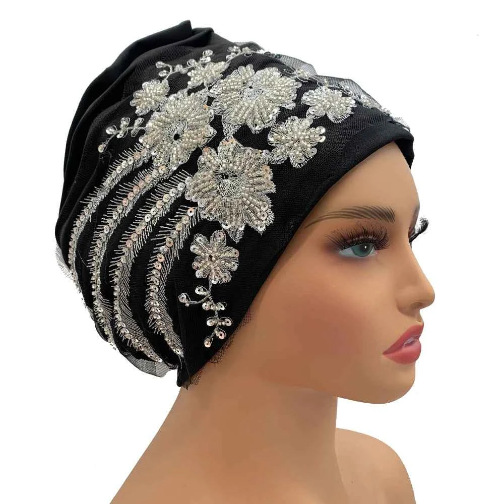 Luxury Embroidery Beading Pleated Turban Cap for Women African Female Wrap Head Bonnet Muslim Turban Hat  Lady Head Wraps - NamafadStore