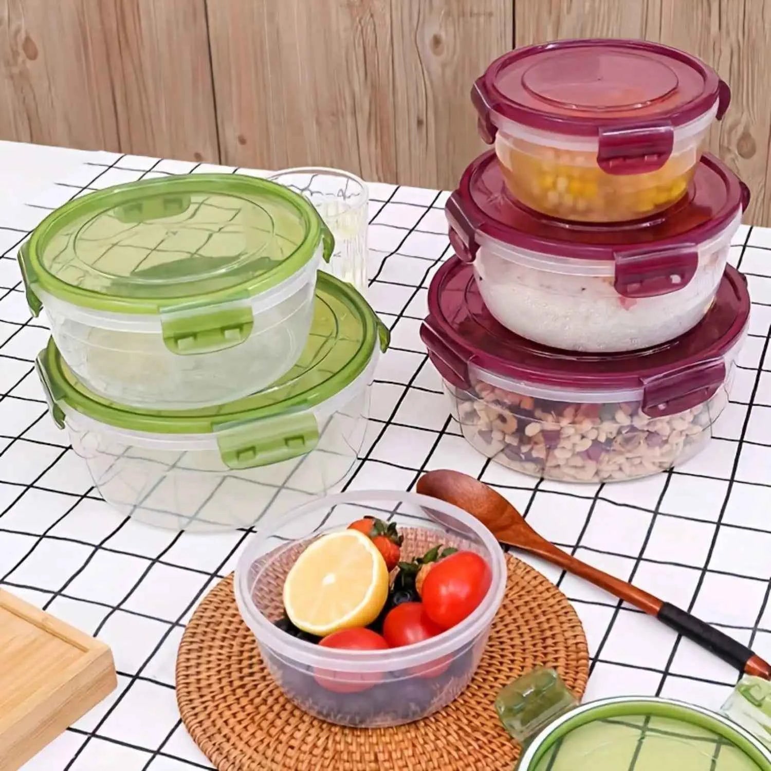 8pcs/set (4 Containers+4 Sealed Lids) - Kitchen Vegetable and Fruit Storage Box, Microwave Safe Round Bento Box