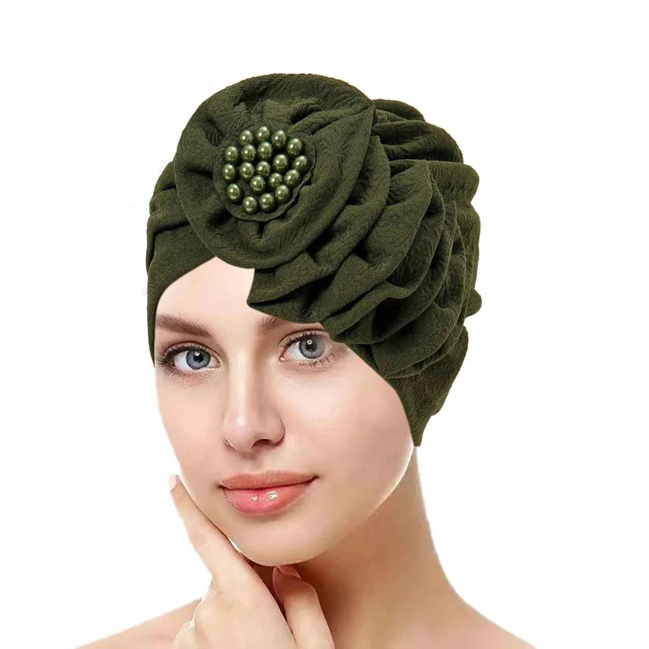 Solid Color Flowers Muslim Hijab Caps Beading Women Wrap Head Ramadan Ladies Fashion Headwear Turban Bonnet